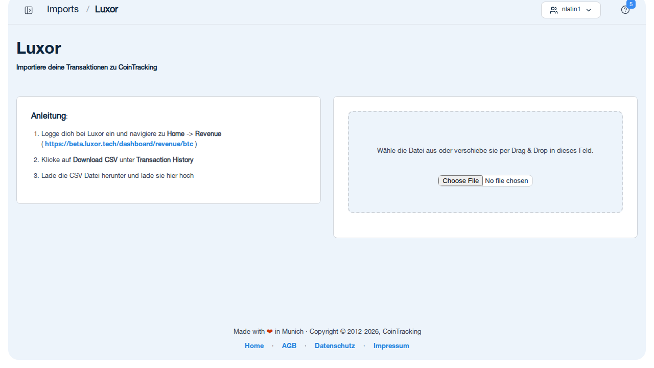 Luxor import page in CoinTracking showing CSV upload area