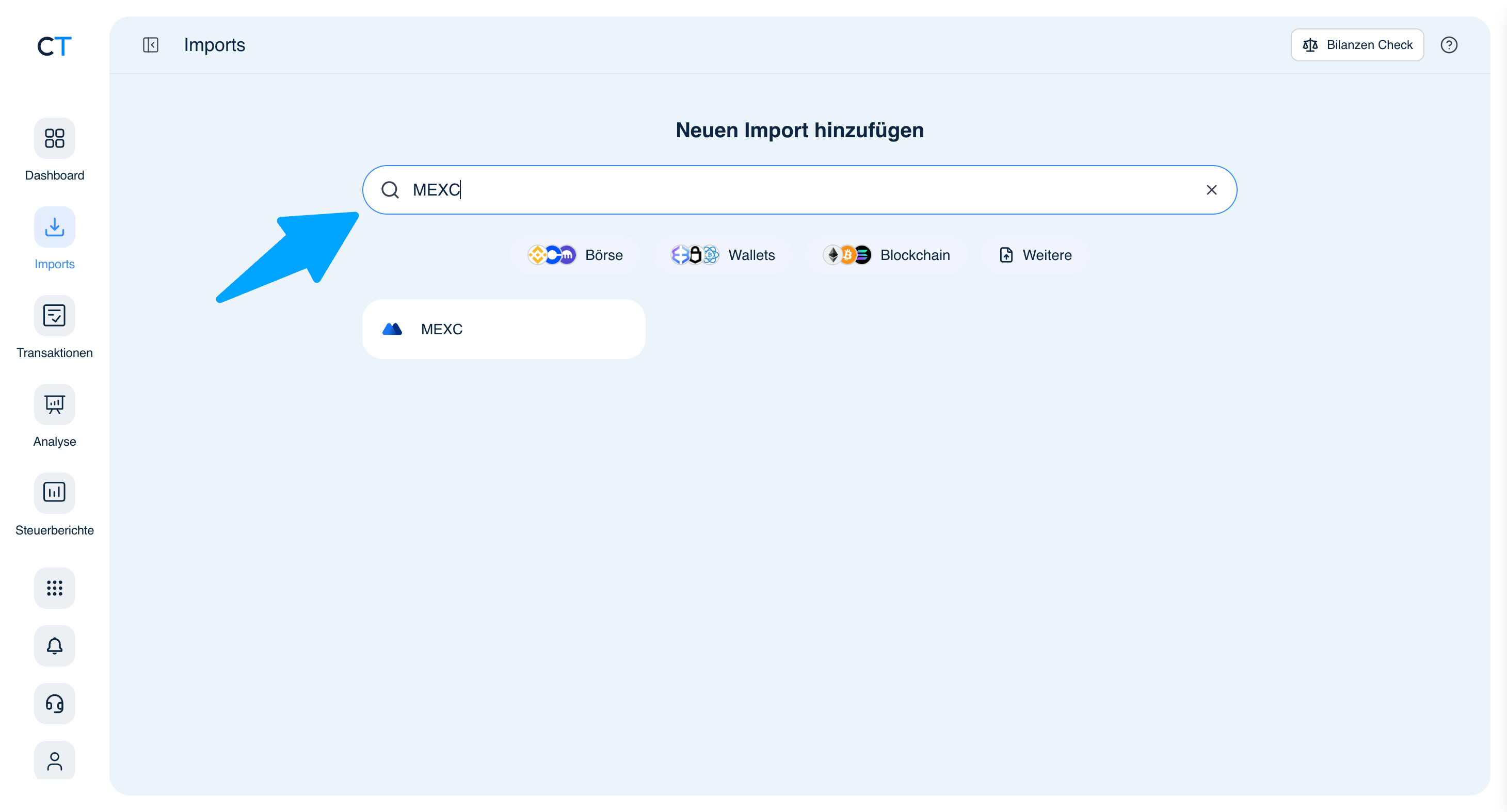 CoinTracking Import-Suche mit MEXC-Ergebnis