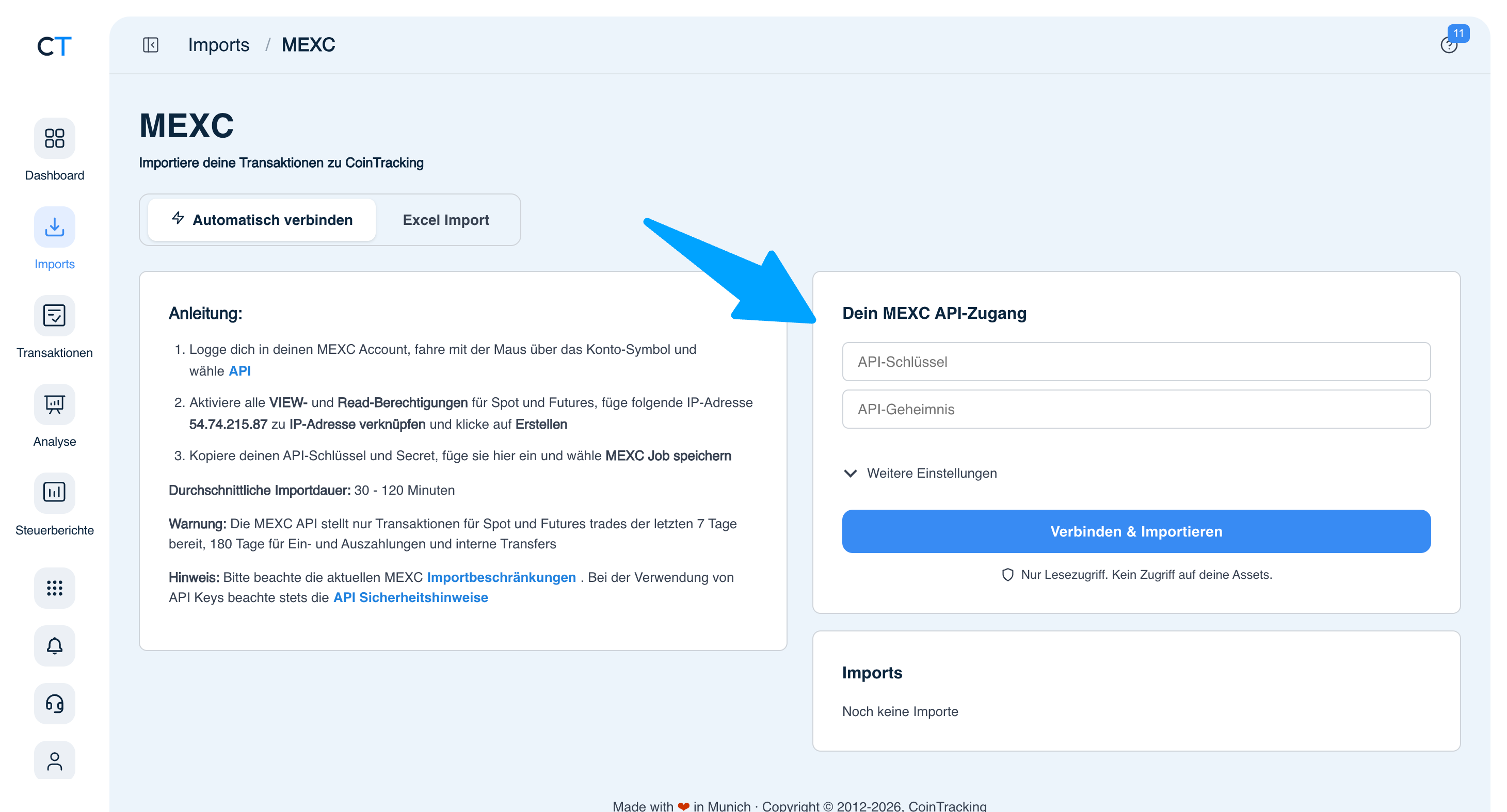 CoinTracking MEXC Import mit API-Schlüssel und API-Geheimnis Feldern und Verbinden-Button