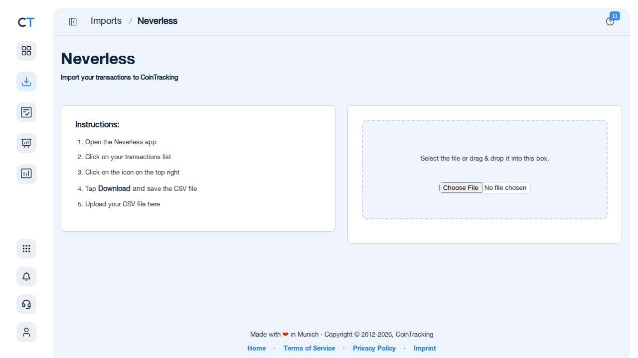 Neverless Import-Seite in CoinTracking mit CSV-Upload-Bereich und Anleitung