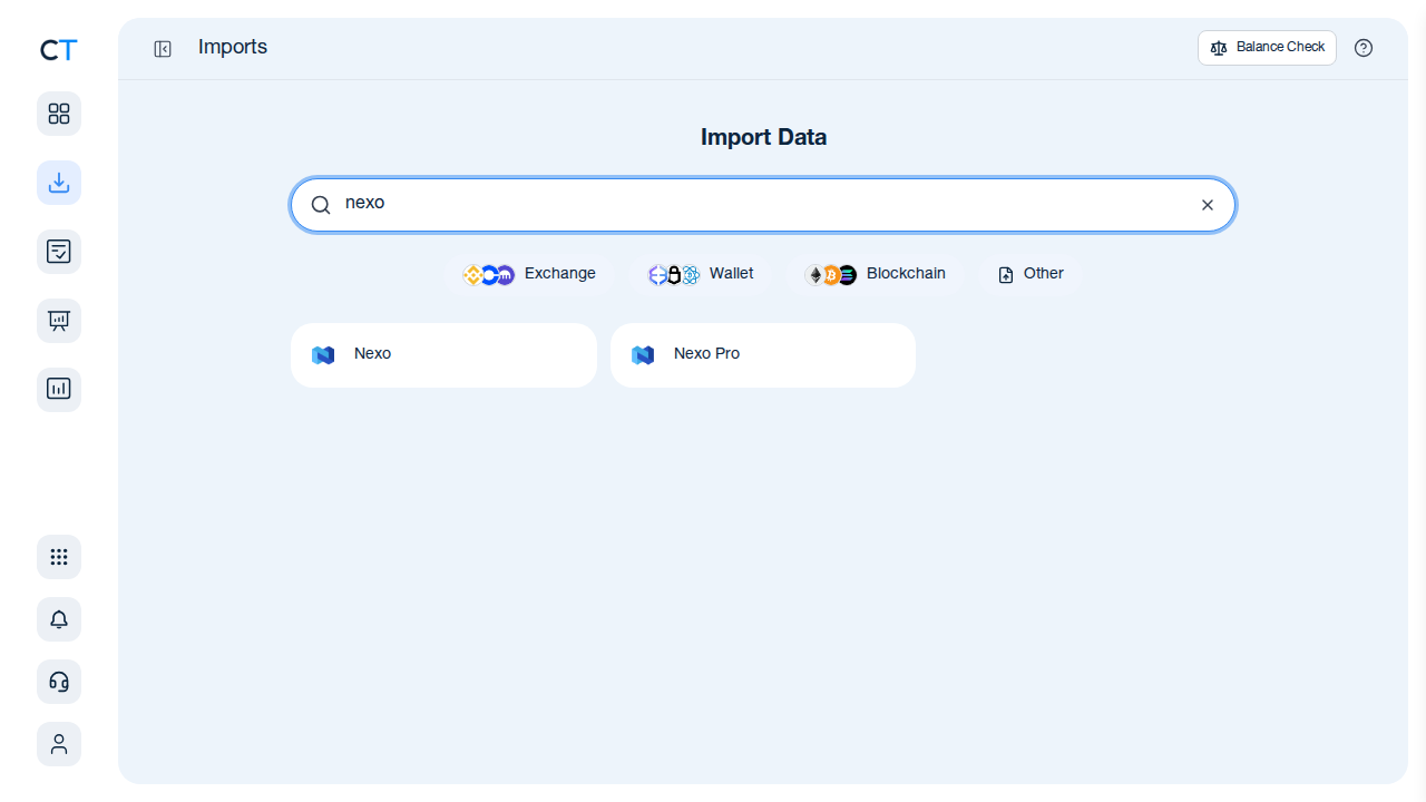 CoinTracking import search showing Nexo exchange option