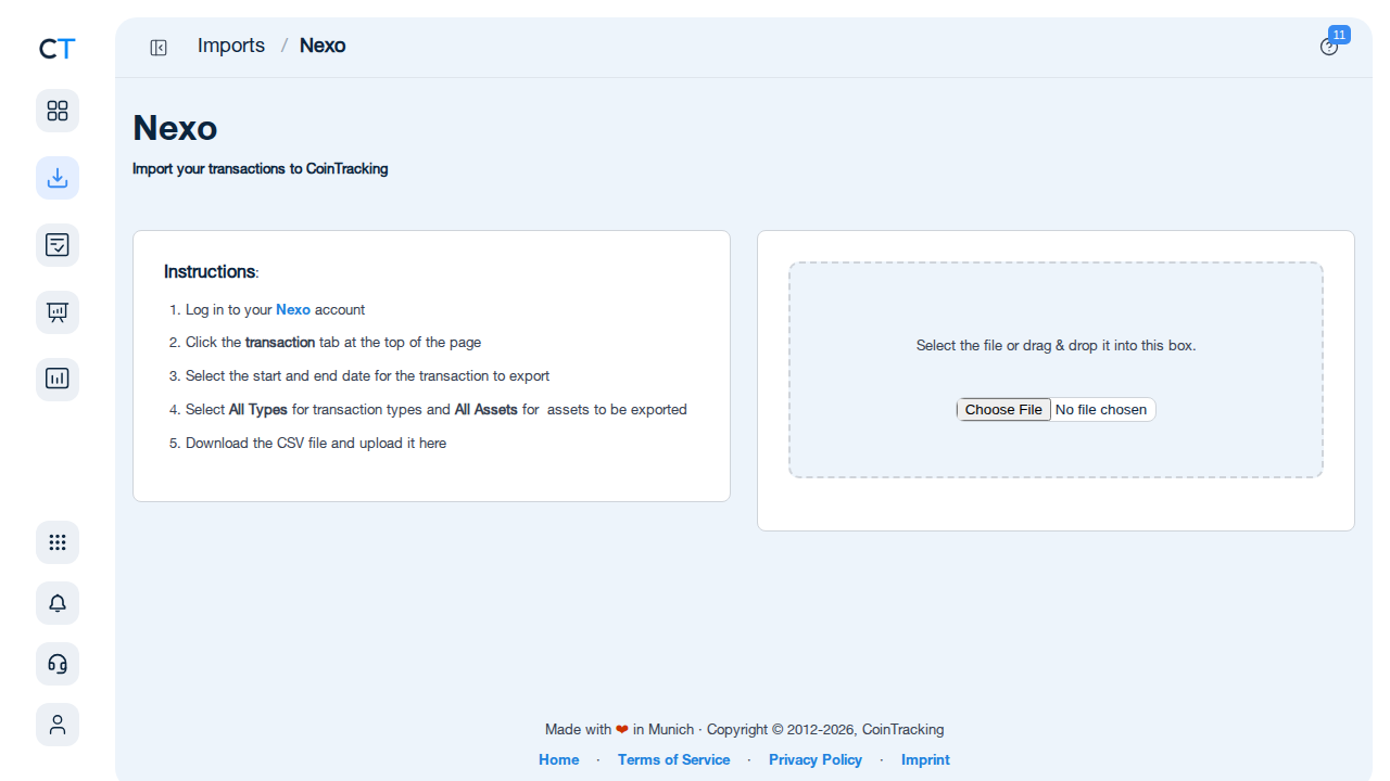 Nexo import page in CoinTracking showing CSV upload area