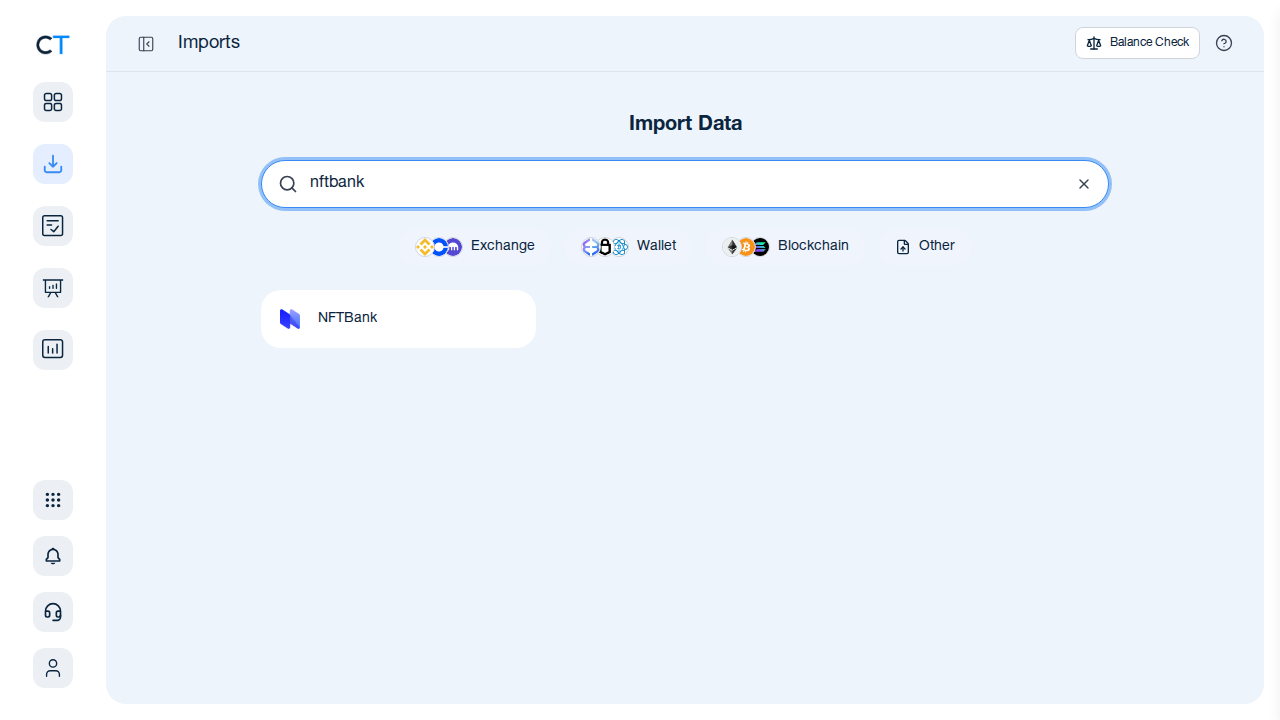CoinTracking import search showing NFTBank option