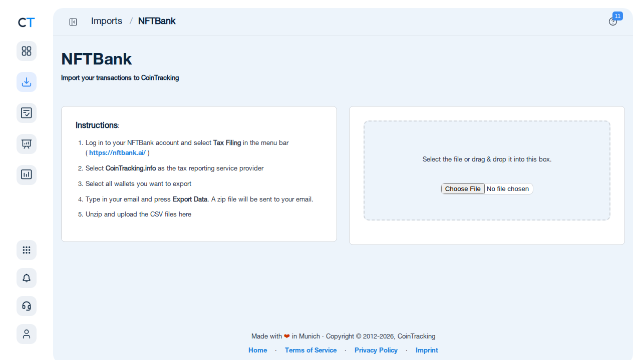NFTBank import page in CoinTracking showing CSV upload area