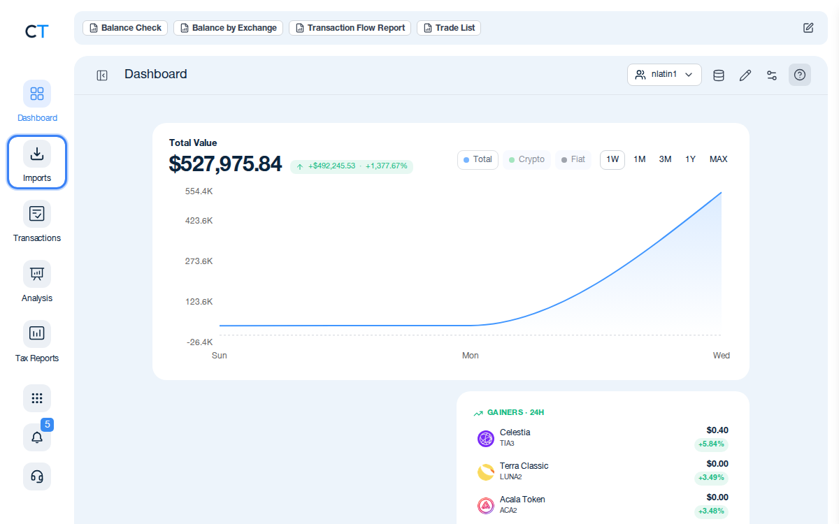 CoinTracking Dashboard mit hervorgehobenem Import-Symbol in der linken Navigation
