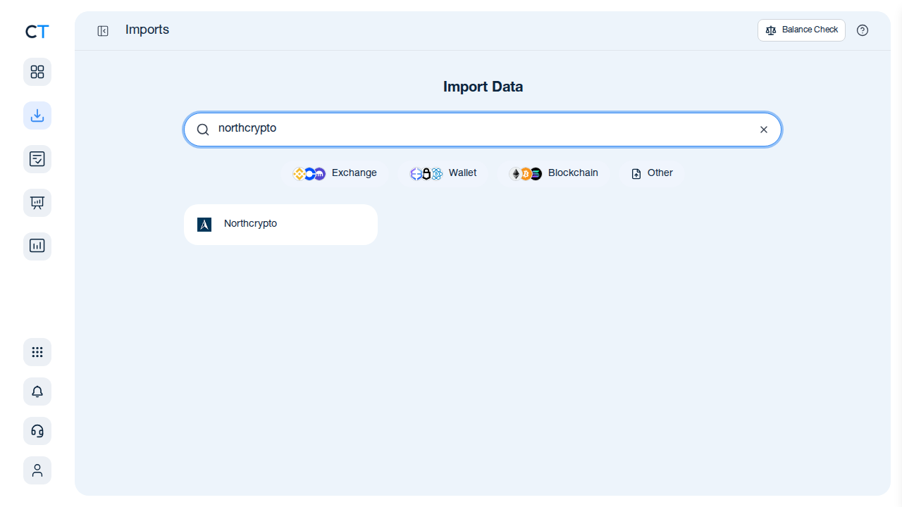 CoinTracking Import-Suche zeigt Northcrypto-Option