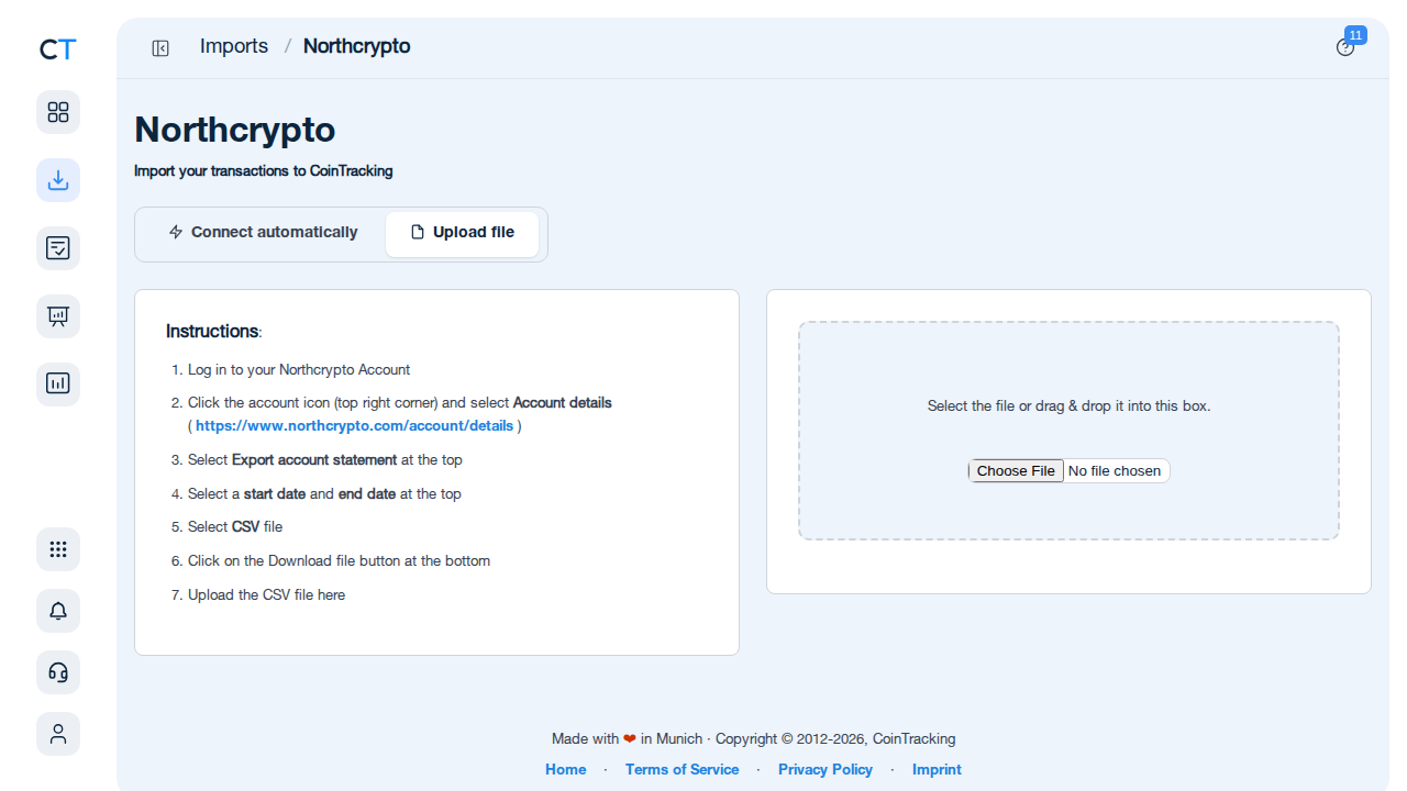 Northcrypto-Importseite in CoinTracking mit CSV-Upload und API-Key-Felder