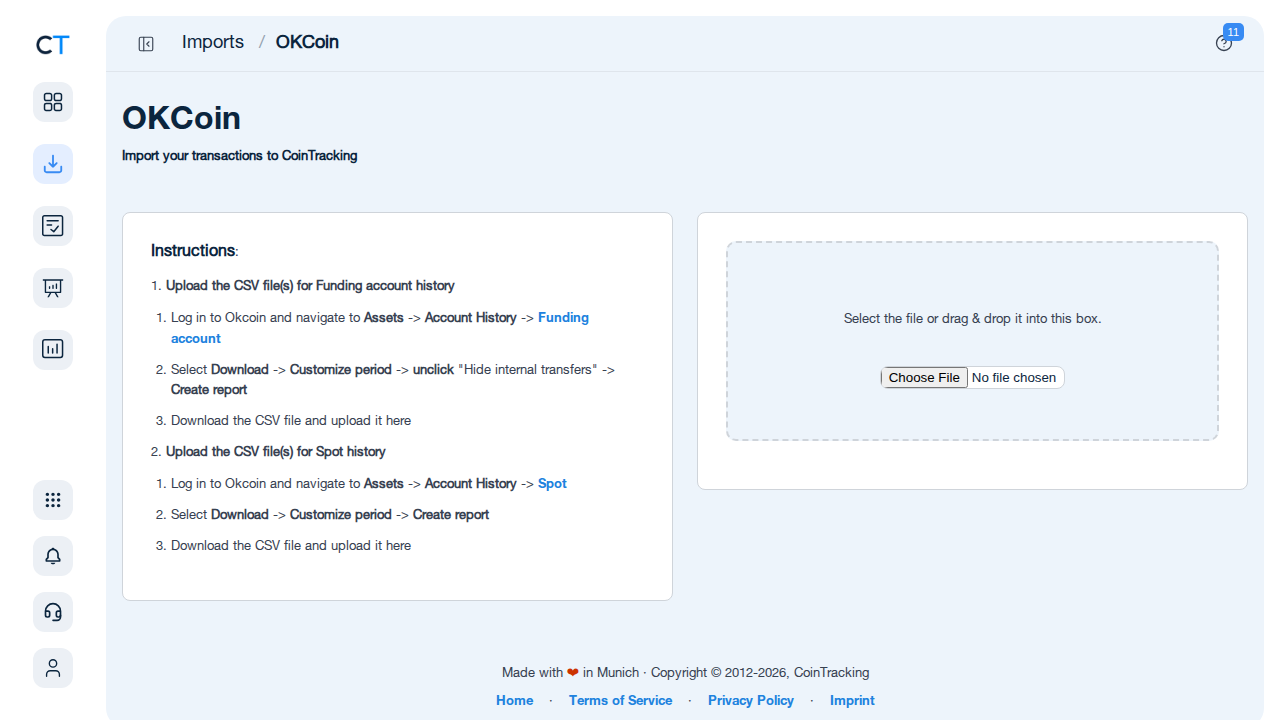 OKCoin import page in CoinTracking with CSV upload area
