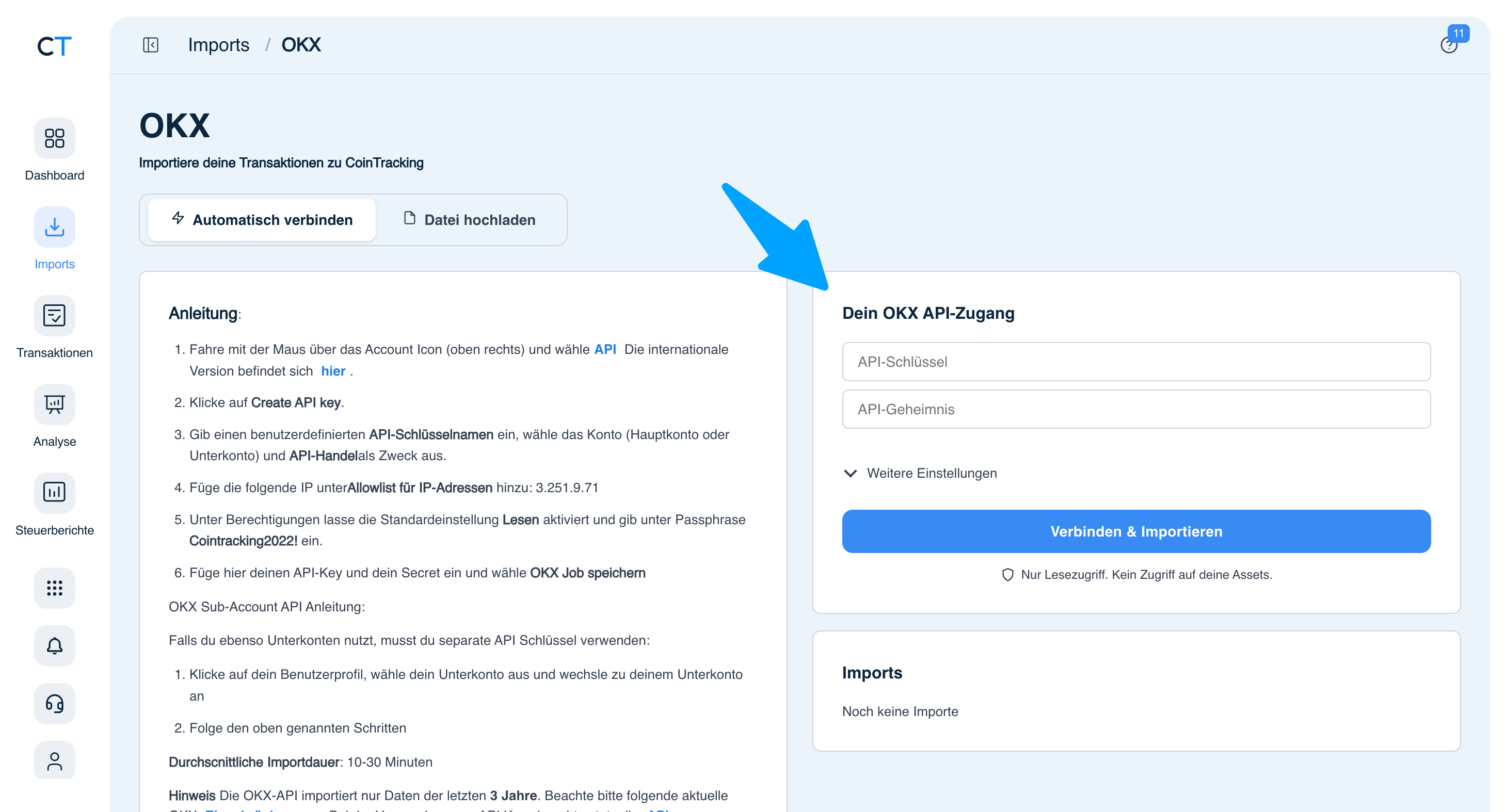 CoinTracking OKX Import mit API-Schlüssel Feldern und Verbinden-Button