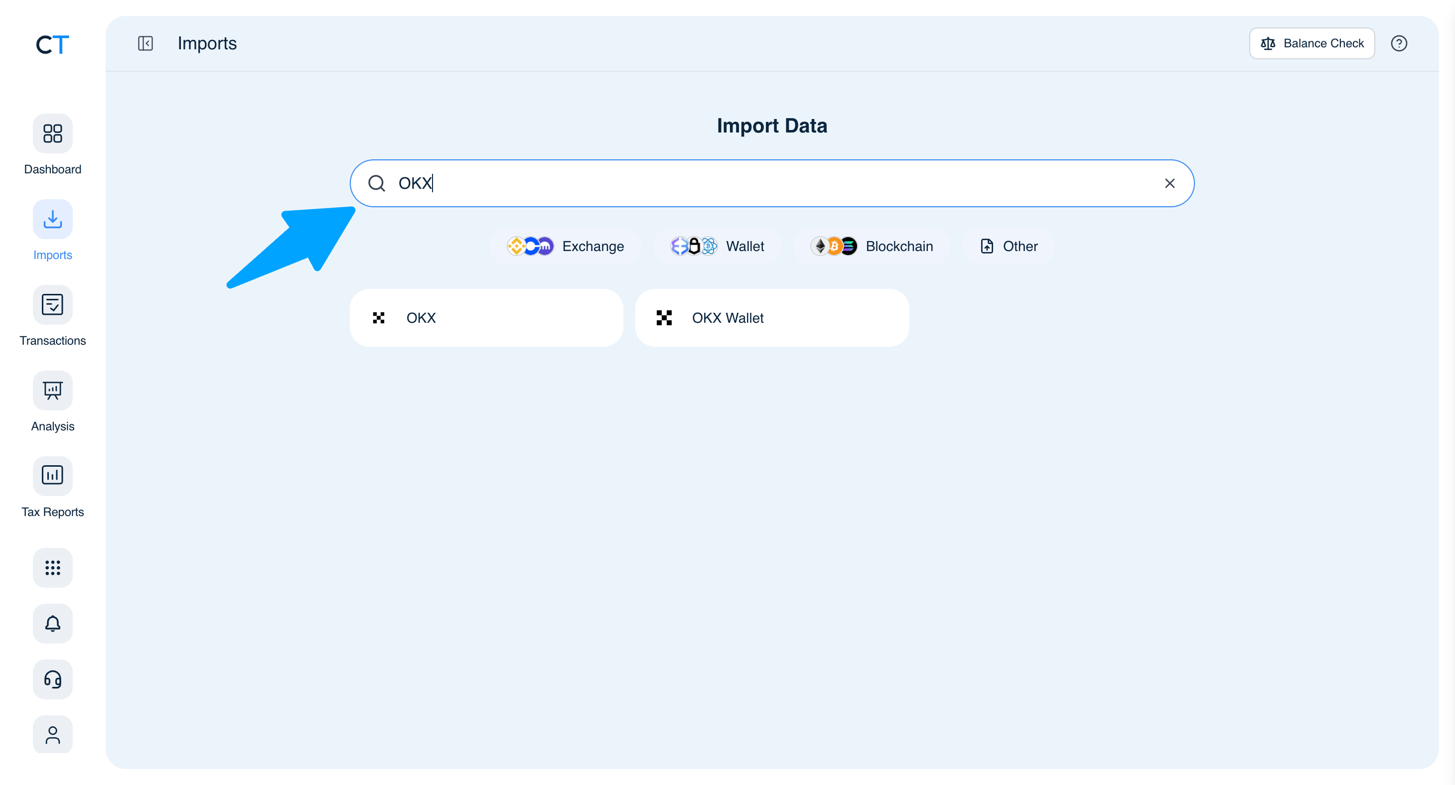 CoinTracking Import search showing OKX and OKX Wallet results