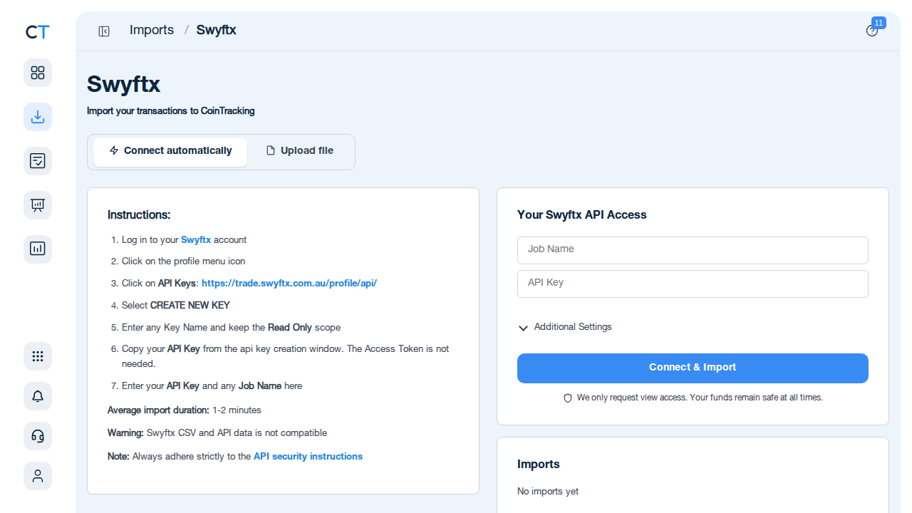 CoinTracking tax report generation for Swyftx transactions