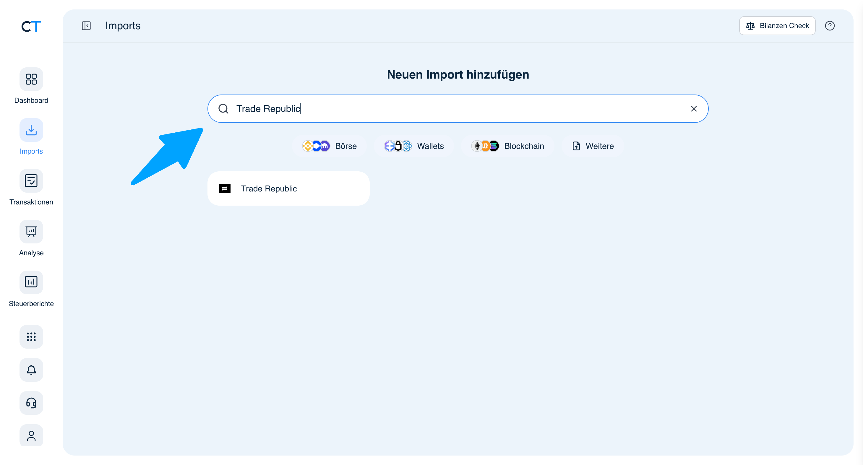 CoinTracking Import-Suche mit Trade Republic als Ergebnis