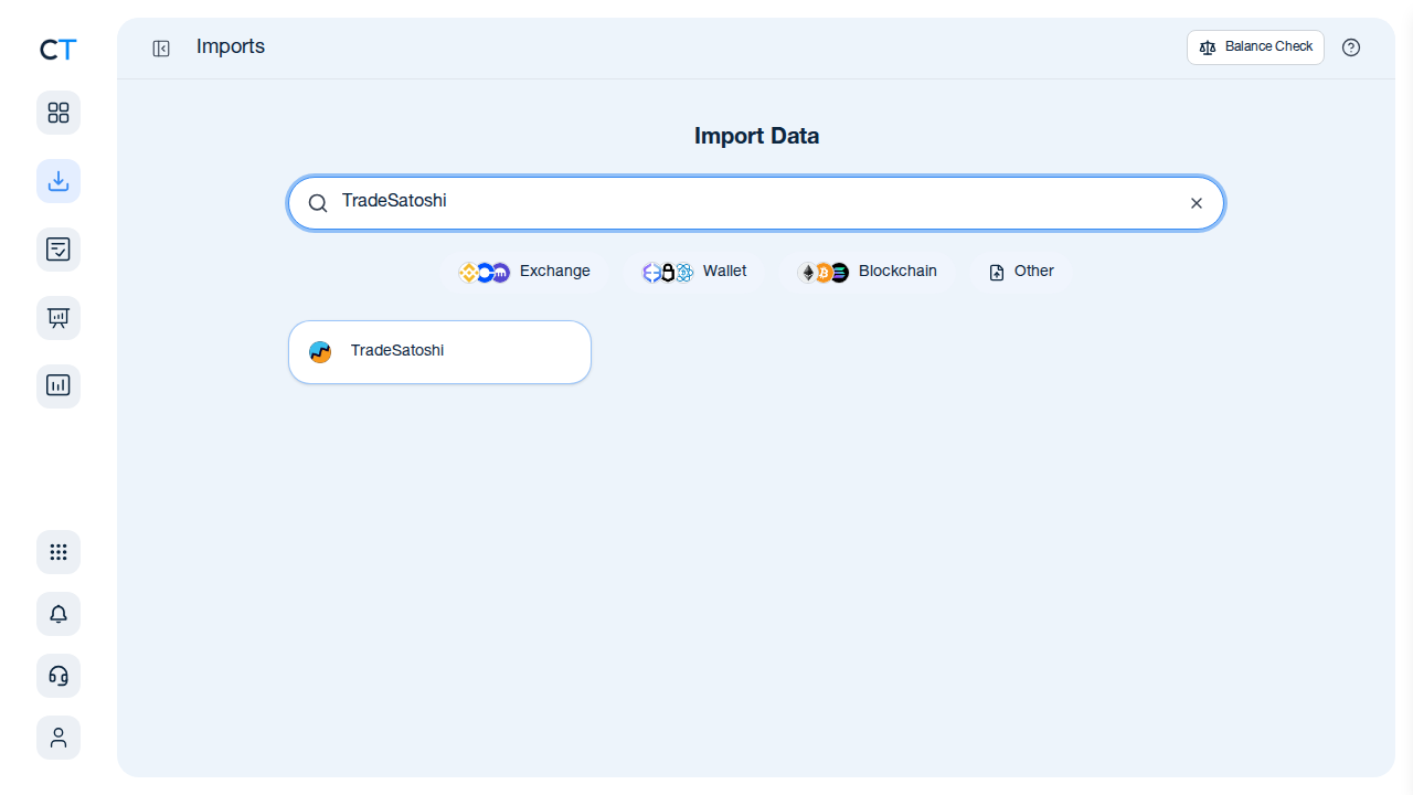 CoinTracking import search showing TradeSatoshi result