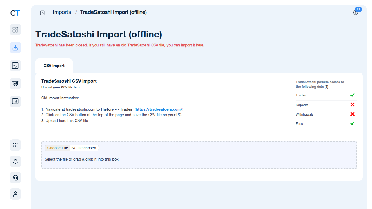TradeSatoshi import page in CoinTracking showing CSV upload field