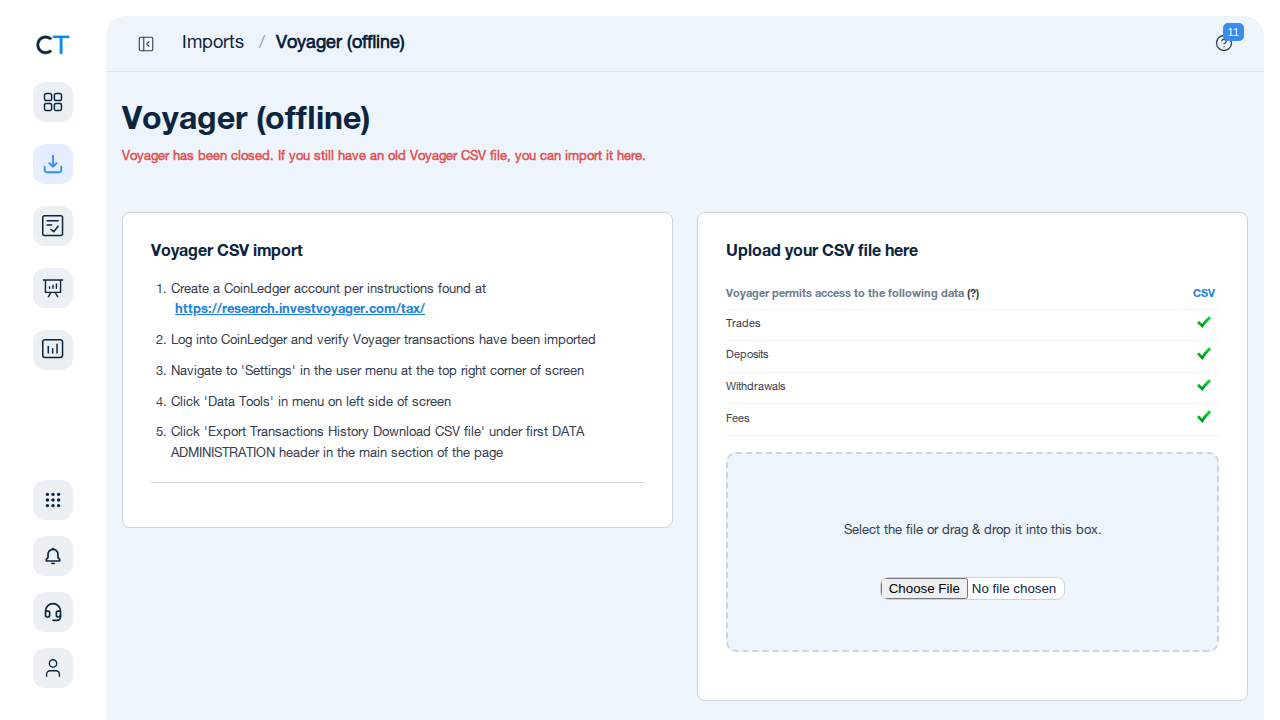 Voyager import page in CoinTracking showing CSV upload field