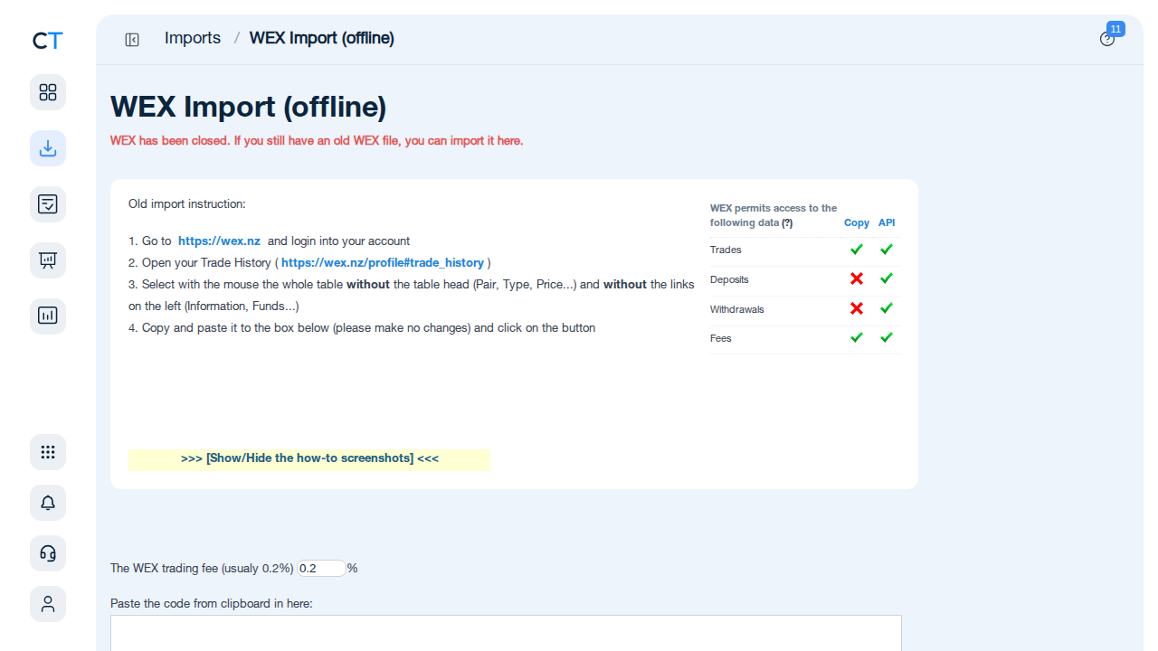 WEX import page in CoinTracking showing CSV upload field