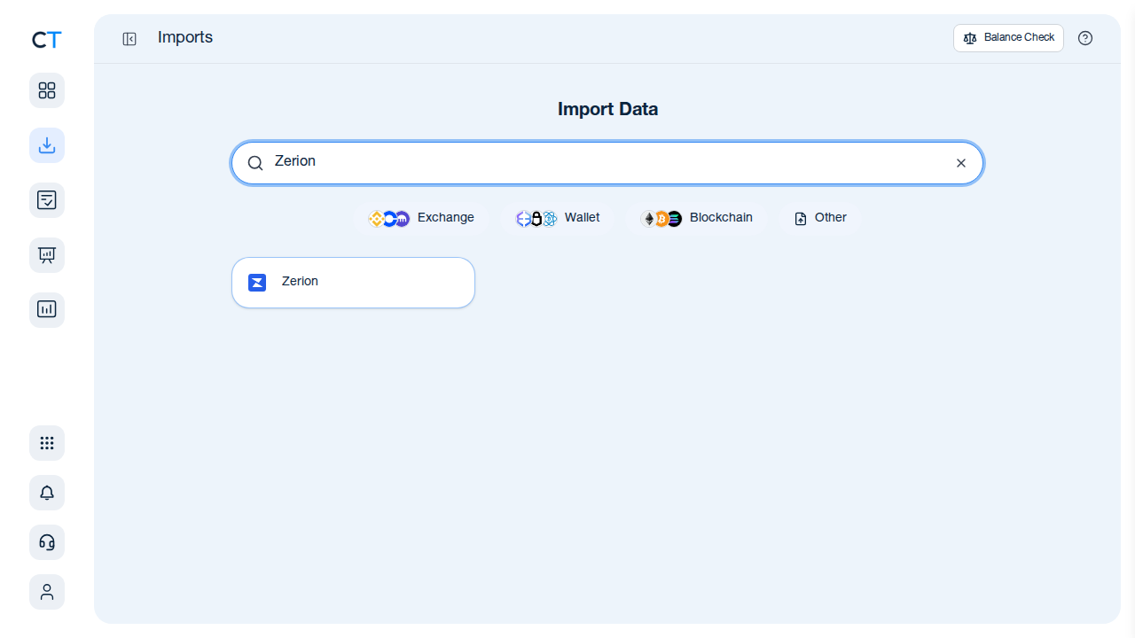 CoinTracking Zerion CSV import search