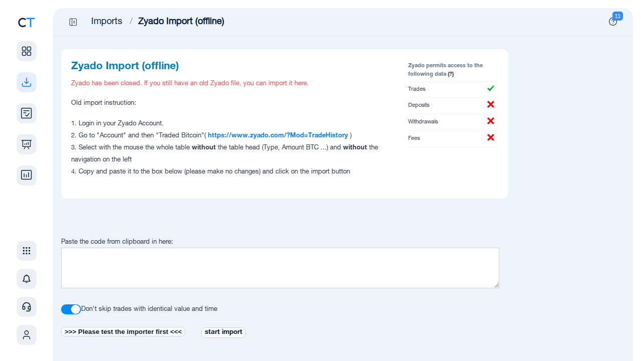 Zyado import page in CoinTracking showing CSV upload area and instructions