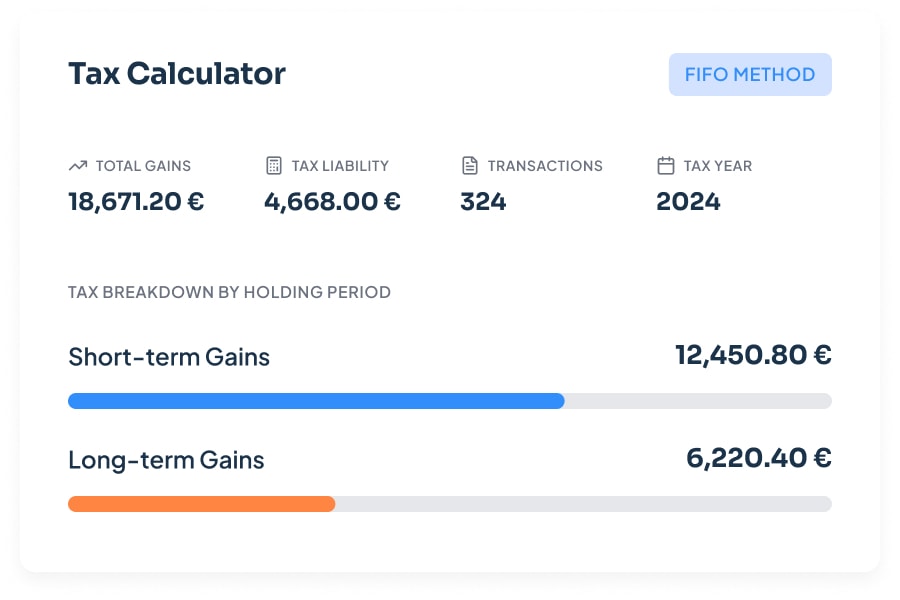 Calculadora de impuestos de CoinTracking mostrando ganancias e ingresos imponibles