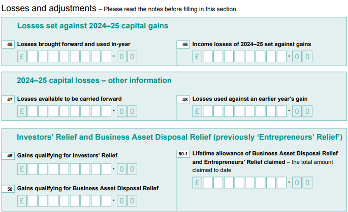 Form SA108 – Losses and Adjustments section for carrying forward crypto losses