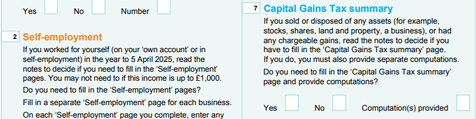 Form SA100 – Self Assessment tax return showing the capital gains checkbox