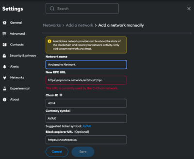 Avalanche to Metamask