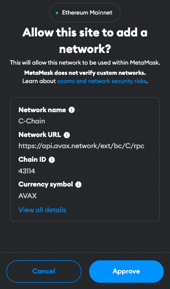 Avalanche to Metamask